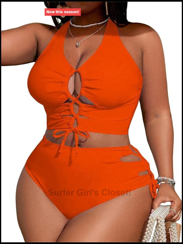 Plus Size Lace Up High Waist Tummy Control Bikini Set 2 Piece Swimsuit